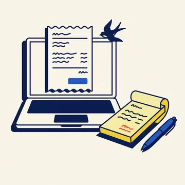 Un ordinateur portable affiche une facture, à côté d’un carnet jaune et d’un stylo bleu