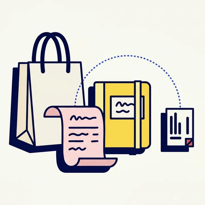 Un sac de courses et un ticket de caisse rose, reliés à une petite carte de synthèse