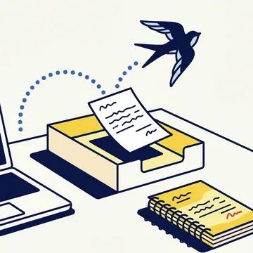 Une facture arrive dans une corbeille à courrier, apportée par une hirondelle