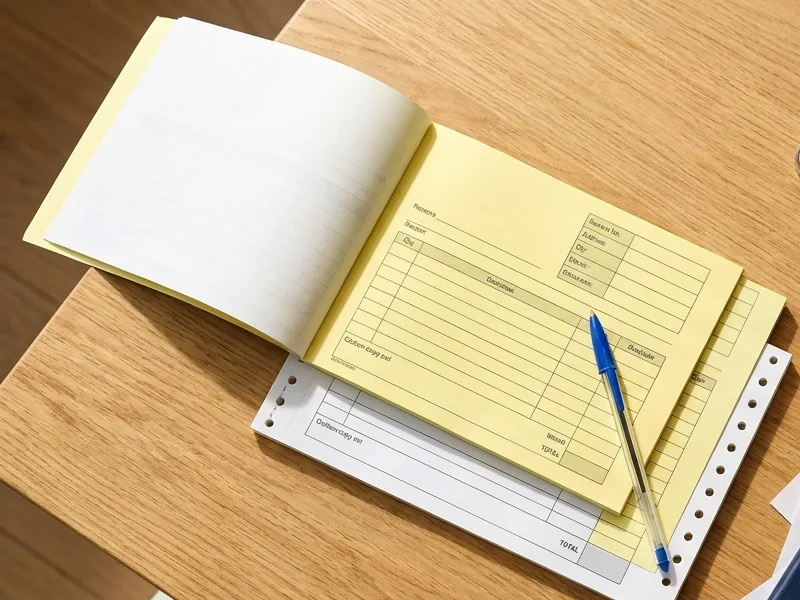 Bureau d'indépendant vu de dessus : carnet de factures à souches jaune, stylo bleu, téléphone et carnet bleu marine